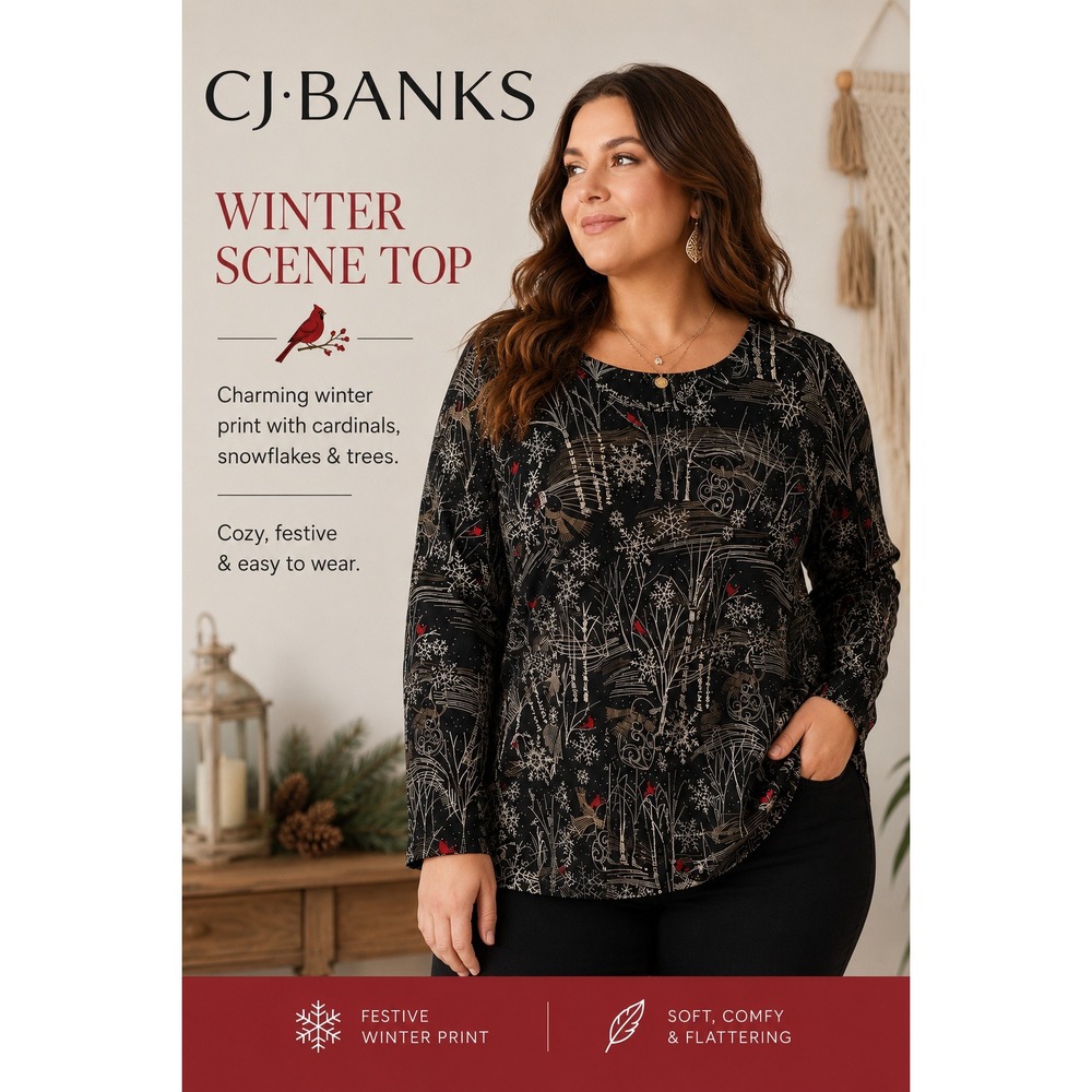 NEW CJ Banks Womens 4X Long Sleeve Black Winter Cardinal Snowflake Print Top